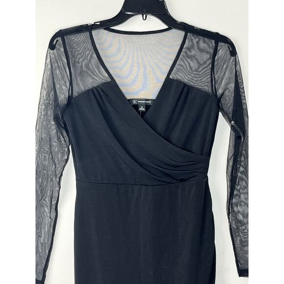 INC Illusion Sleeve Sheath Dress XS Black Sheer Mesh Ruched Cocktail Evening - Picture 2 of 10